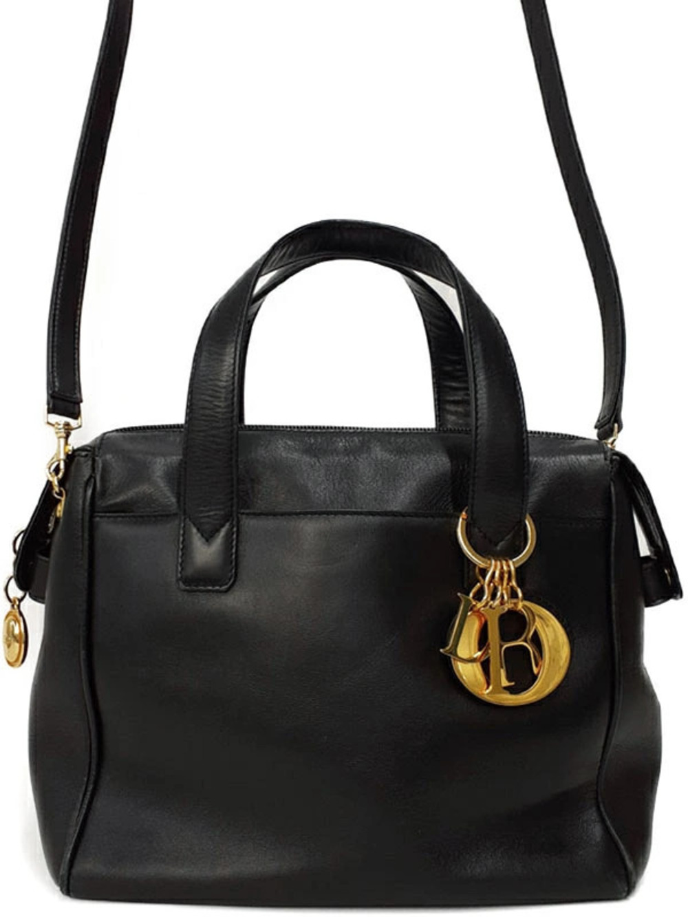 Christian Dior Smooth Black Leather Handbag dual top handles shoulder strap